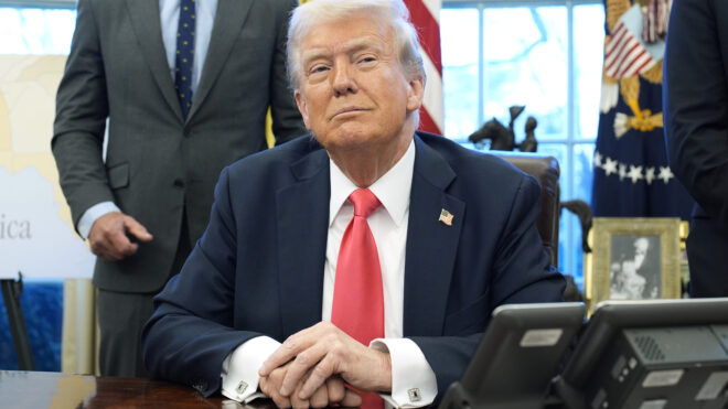 U.S. President Donald Trump speaks to reporters after signing executive orders in the Oval Office of the White House in Washington, D.C., on Tuesday, Feb. 25, 2025. (Yuri Gripas/Abaca Press/TNS)