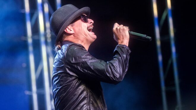 Kid Rock sings "Born Free" during a campaign rally for Republican U.S. Senate candidate John James on Wednesday, Oct. 17, 2018 in Pontiac.