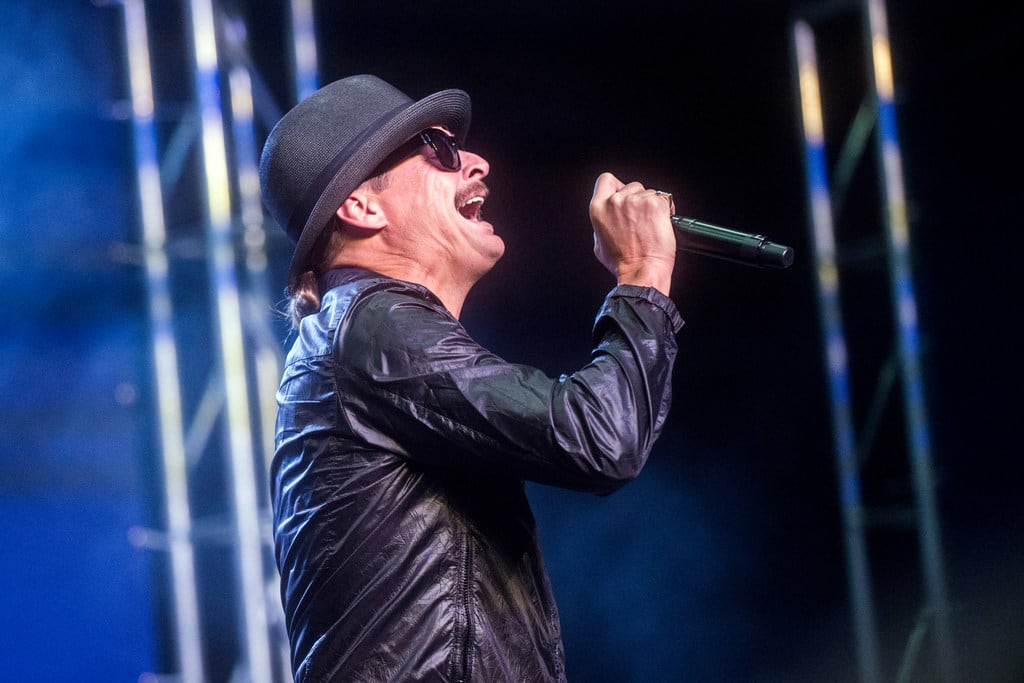 Kid Rock sings "Born Free" during a campaign rally for Republican U.S. Senate candidate John James on Wednesday, Oct. 17, 2018 in Pontiac.