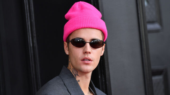 Justin Bieber arrives for the 64th Annual Grammy Awards at the MGM Grand Garden Arena in Las Vegas on April 3, 2022. (Angela Weiss/AFP via Getty Images/TNS)