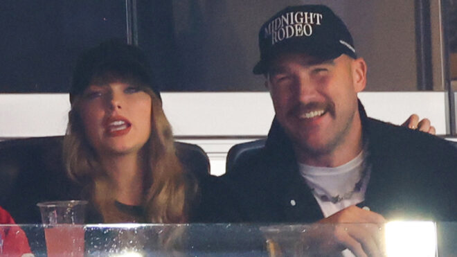 Taylor Swift and Travis Kelce attend Game 1 of the American League Championship Series between the Cleveland Guardians and the New York Yankees at Yankee Stadium on Oct. 14, 2024, in New York. (Mike Stobe/Getty Images/TNS)