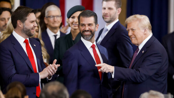 US President Donald Trump, from right, Donald Trump Jr., executive vice president of development and acquisitions for Trump Organization Inc., and Vice President JD Vance during the 60th presidential inauguration in the rotunda of the US Capitol in Washington, DC, US, on Monday, Jan. 20, 2025. President Donald Trump launched his second term with a strident inaugural address that vowed to prioritize America's interests with a "golden age" for the country, while taking on "a radical and corrupt establishment." Photographer: Shawn Thew/EPA/Bloomberg via Getty Images