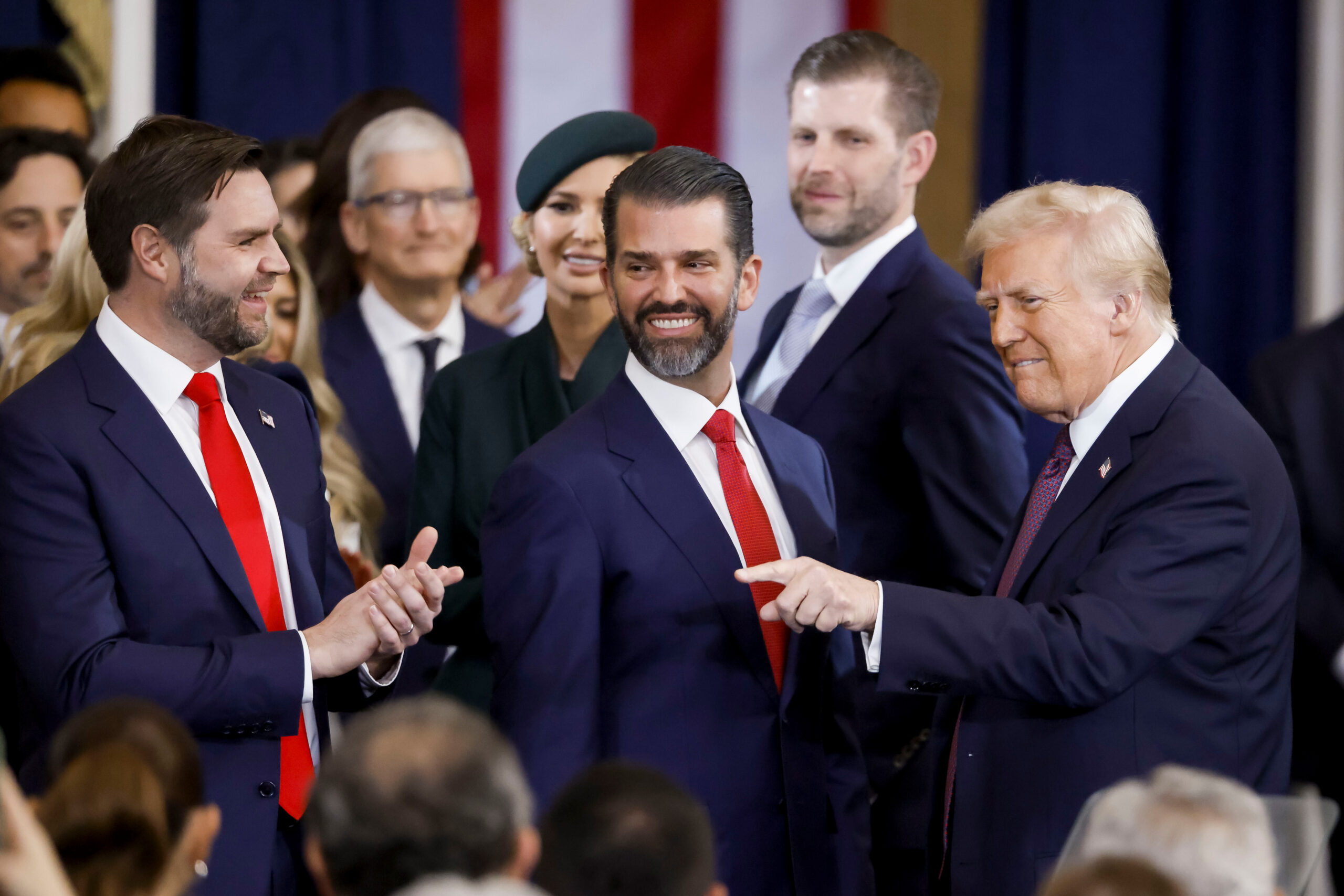 US President Donald Trump, from right, Donald Trump Jr., executive vice president of development and acquisitions for Trump Organization Inc., and Vice President JD Vance during the 60th presidential inauguration in the rotunda of the US Capitol in Washington, DC, US, on Monday, Jan. 20, 2025. President Donald Trump launched his second term with a strident inaugural address that vowed to prioritize America's interests with a "golden age" for the country, while taking on "a radical and corrupt establishment." Photographer: Shawn Thew/EPA/Bloomberg via Getty Images