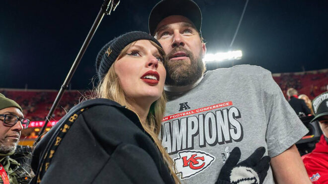 Taylor Swift, left, and Kansas City Chiefs tight end Travis Kelce walk off the field after the trophy ceremony following the Chiefs' 32-29 victory over the Buffalo Bills in the AFC Championship Game on Jan. 26, 2025, at GEHA Field at Arrowhead Stadium in Kansas City, Missouri. (Emily Curiel/Kansas City Star/Tribune News Service via Getty Images)