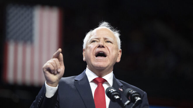 Minnesota Governor and Democratic vice presidential candidate Tim Walz speaks during a campaign rally at the Thomas and Mack Center, University of Nevada in Las Vegas, Nevada, on Aug. 10, 2024. (Ronda Churchill/AFP/Getty Images/TNS)