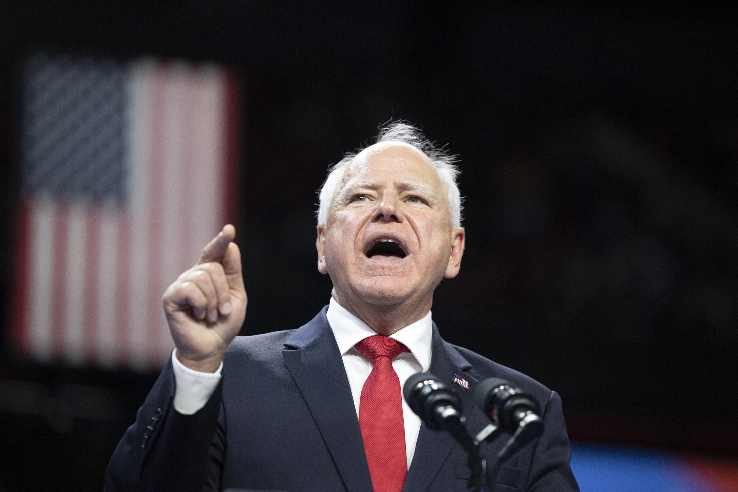 Minnesota Governor and Democratic vice presidential candidate Tim Walz speaks during a campaign rally at the Thomas and Mack Center, University of Nevada in Las Vegas, Nevada, on Aug. 10, 2024. (Ronda Churchill/AFP/Getty Images/TNS)