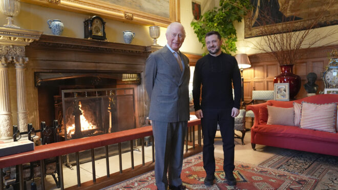 Britain's King Charles III and Ukraine's President Volodymyr Zelenskyy pose for a photo in the Saloon at Sandringham House during an audience on the Sandringham Estate in Norfolk, eastern England, on March 2, 2025. (Joe Giddens/Pool/AFP/Getty Images/TNS)