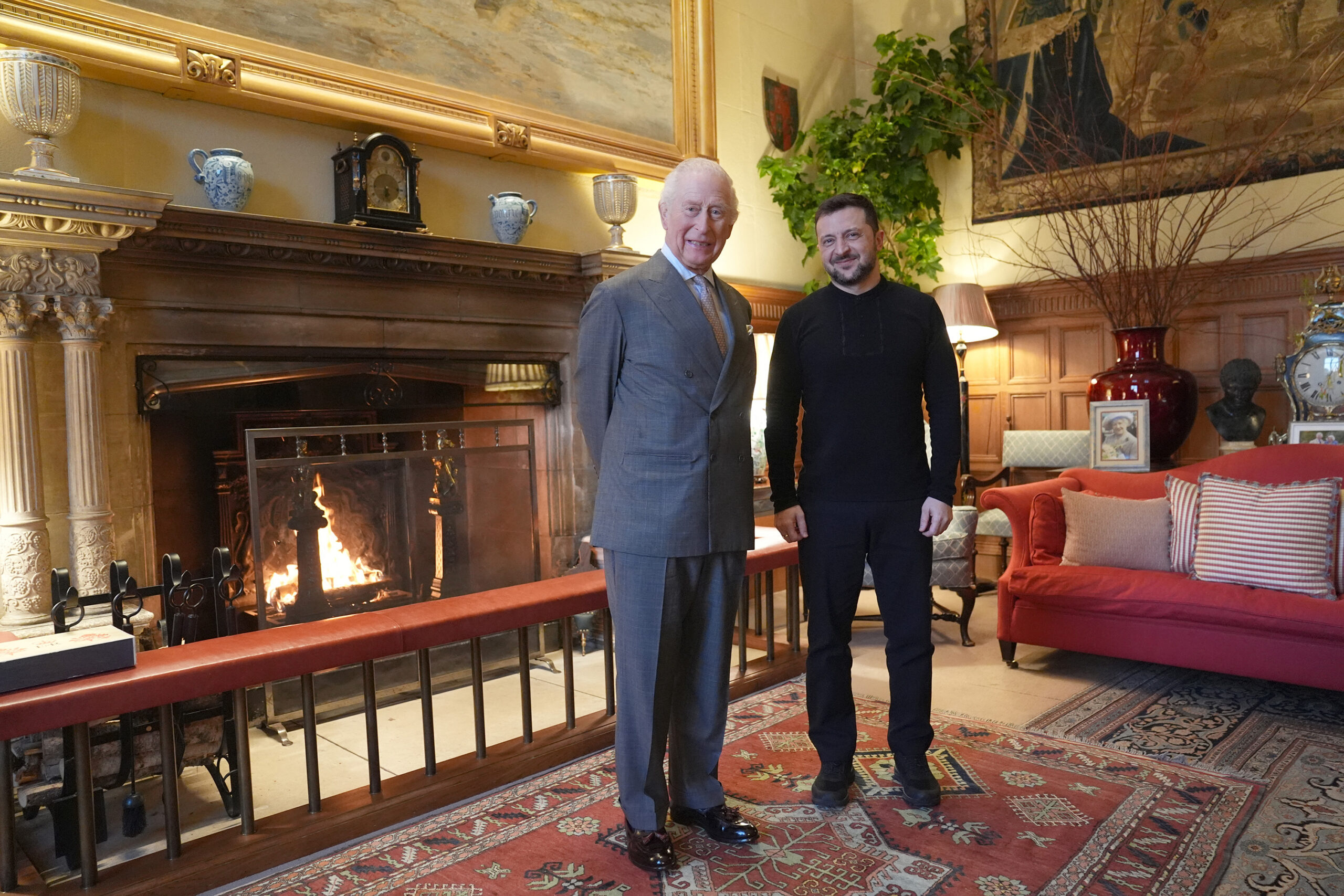 Britain's King Charles III and Ukraine's President Volodymyr Zelenskyy pose for a photo in the Saloon at Sandringham House during an audience on the Sandringham Estate in Norfolk, eastern England, on March 2, 2025. (Joe Giddens/Pool/AFP/Getty Images/TNS)