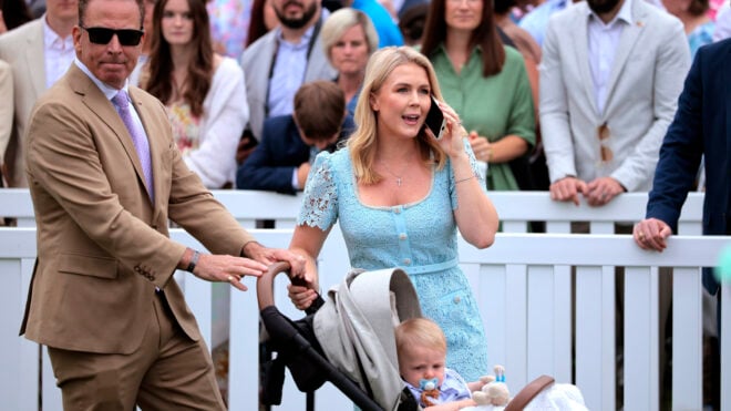White House Press Secretary Karoline Leavitt and her husband Nicholas Riccio arrive to the White House Easter Egg Roll on the South Lawn of the White House on April 21, 2025 in Washington, DC. The White House said they are expecting thousands of children and adults to participate in the annual tradition of rolling colored eggs down the White House lawn, a tradition started by President Rutherford B. Hayes in 1878. (Photo by Chip Somodevilla/Getty Images)