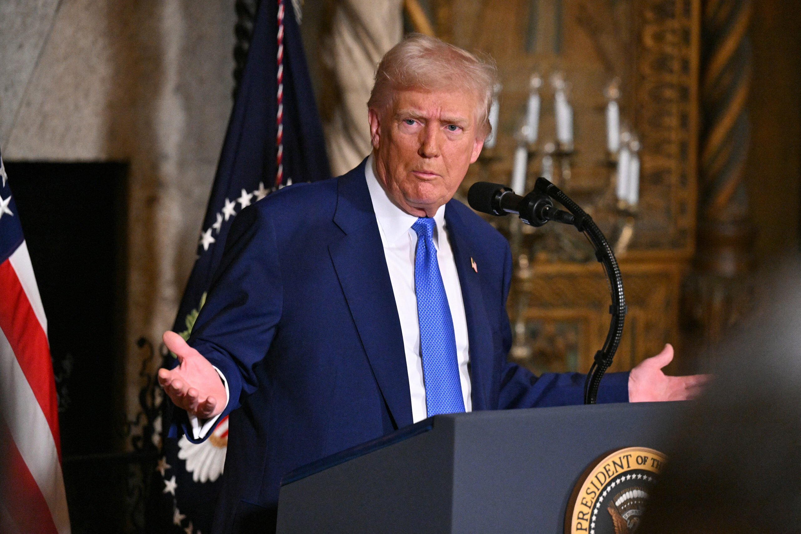 President Donald Trump speaks at his Mar-a-Lago resort in Palm Beach, Florida, on Feb. 18, 2025. (Roberto Schmidt/AFP/Getty Images/TNS)