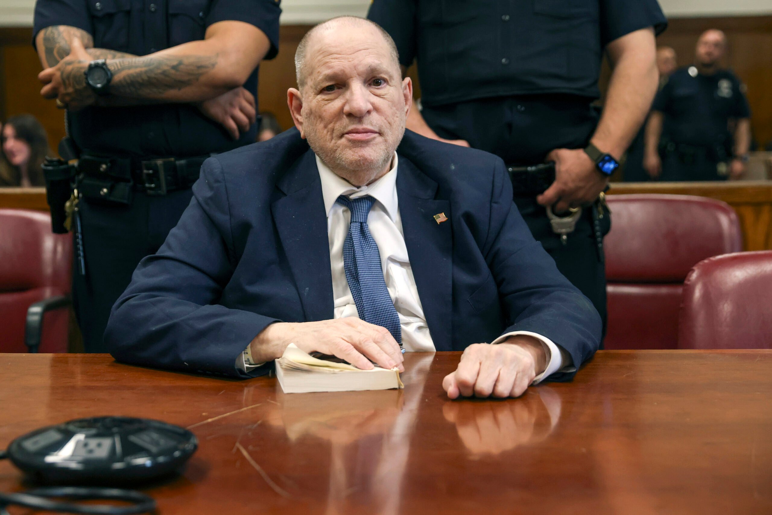 Former film producer Harvey Weinstein appears in court as jury selection begins in his retrial in Manhattan Criminal Court on Tuesday, April 15, 2025, in New York. (Sarah Yenesel/Pool/Getty Images/TNS)