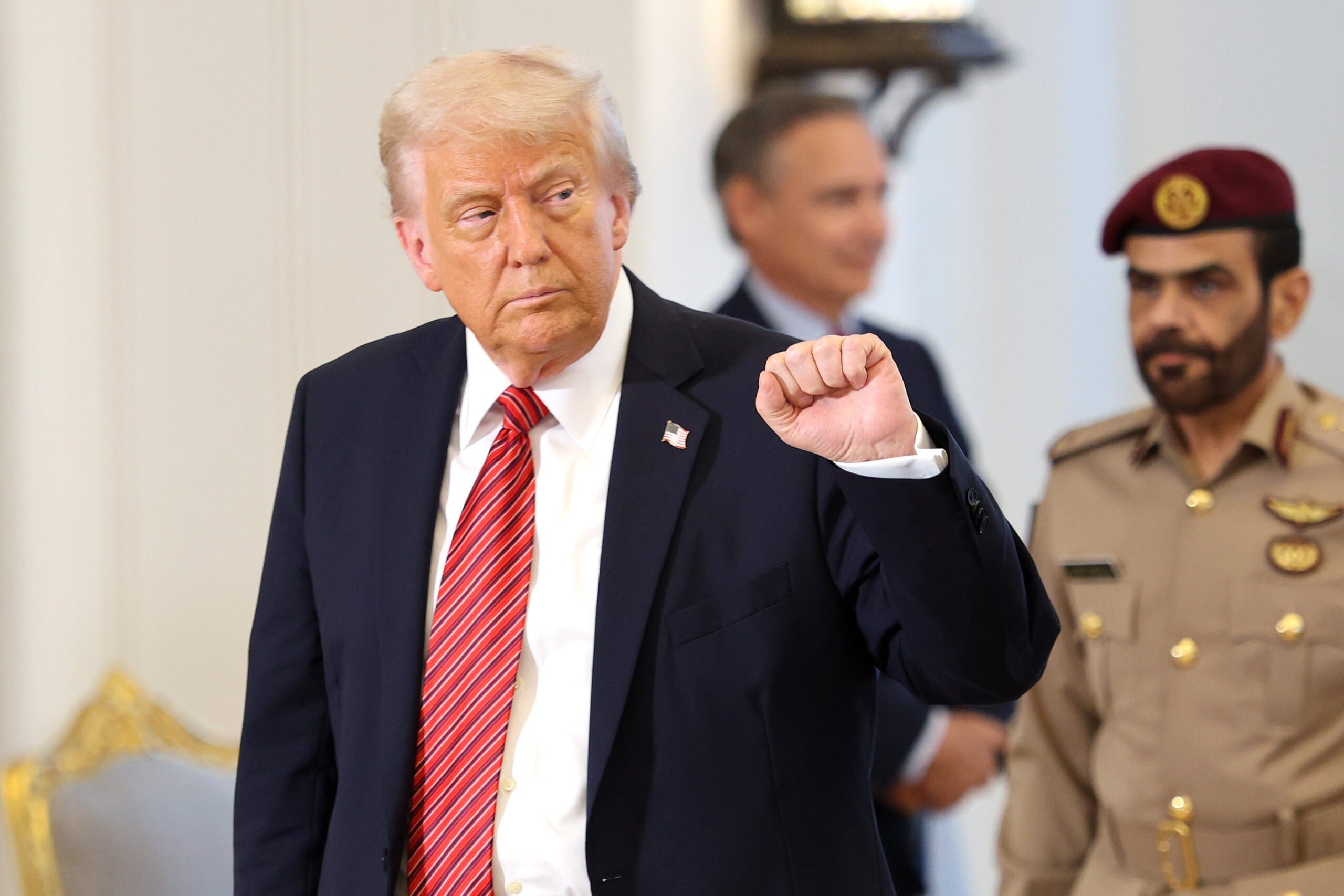 DOHA, QATAR - MAY 14: U.S. President Donald J. Trump attends a signing ceremony at the Amiri Diwan, the official workplace of the emir, on May 14, 2025, in Doha, Qatar. The visit underscores the strategic partnership between the United States and Qatar, focusing on regional security and economic collaboration. (Photo by Win McNamee/Getty Images)