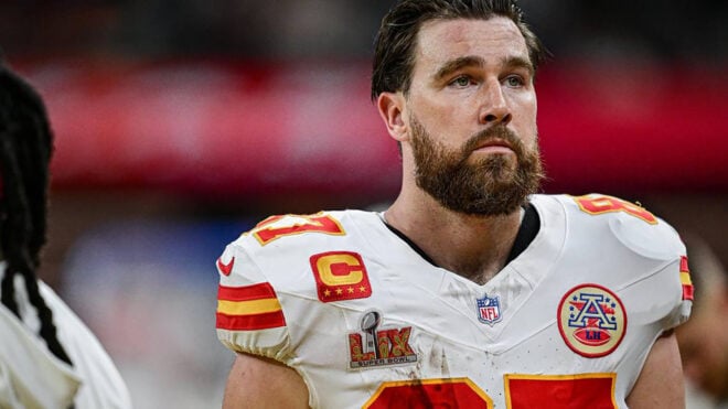 Kansas City Chiefs tight end Travis Kelce (87) walks off the field after the Chiefs lost to the Philadelphia Eagles, 40-22, in Super Bowl LIX on Feb. 9, 2025, in New Orleans. (Tammy Ljungblad/The Kansas City Star/TNS)