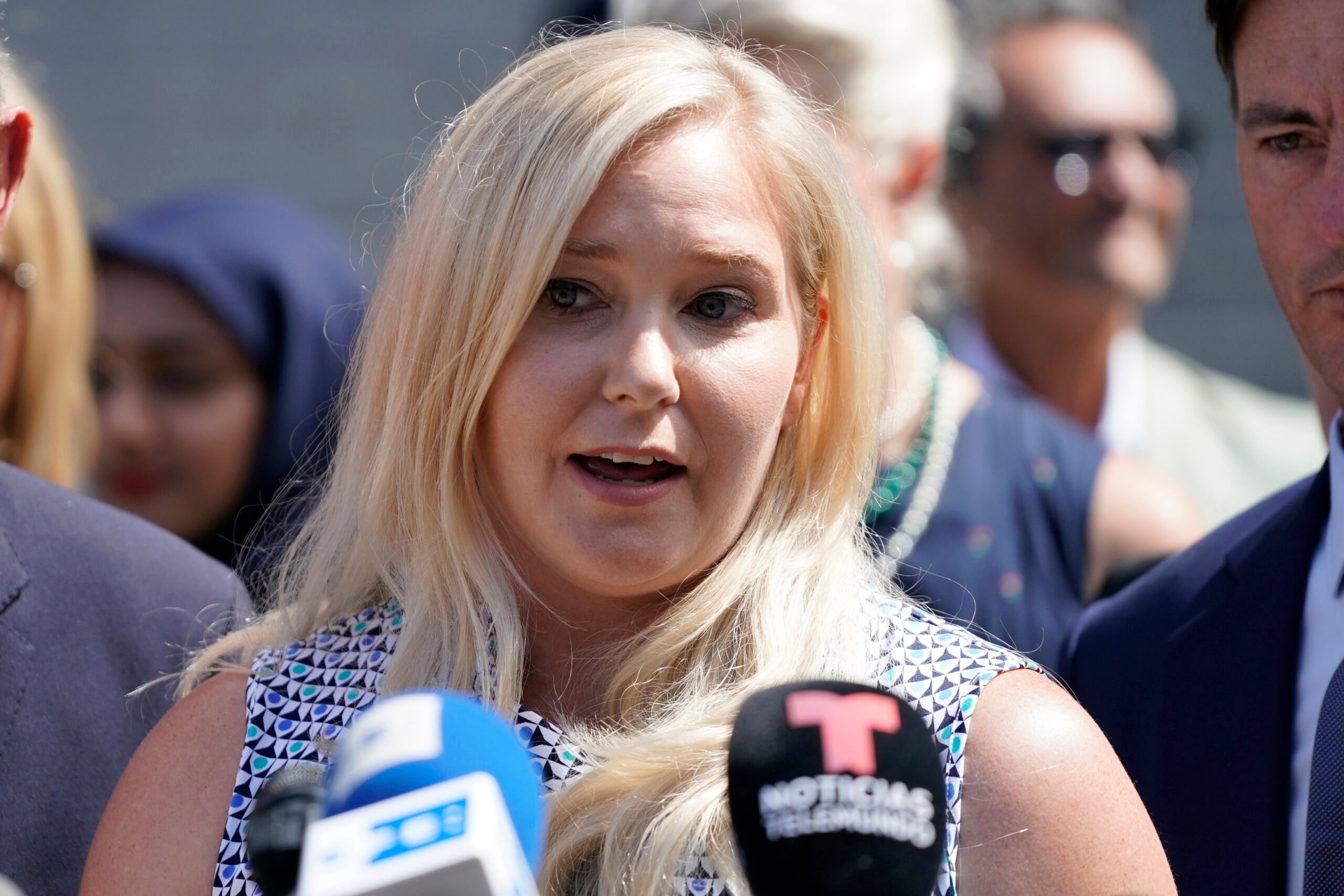 Jeffrey Epstein victims Virginia Roberts Giuffre, speaks at a press conference following a hearing where Jeffrey Epstein victims made statements Manhattan Federal Court on Tuesday, Aug. 27, 2019, in Manhattan, New York. (Barry Williams/New York Daily News/TNS)