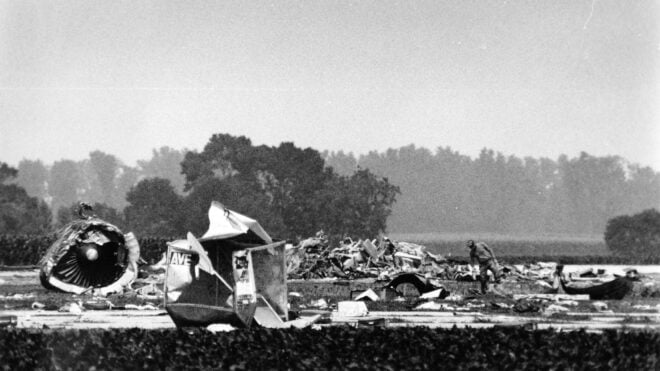United Airlines Flight 232 after the plane crashed at Sioux Gateway Airport in Sioux City, Iowa, on July 19, 1989.