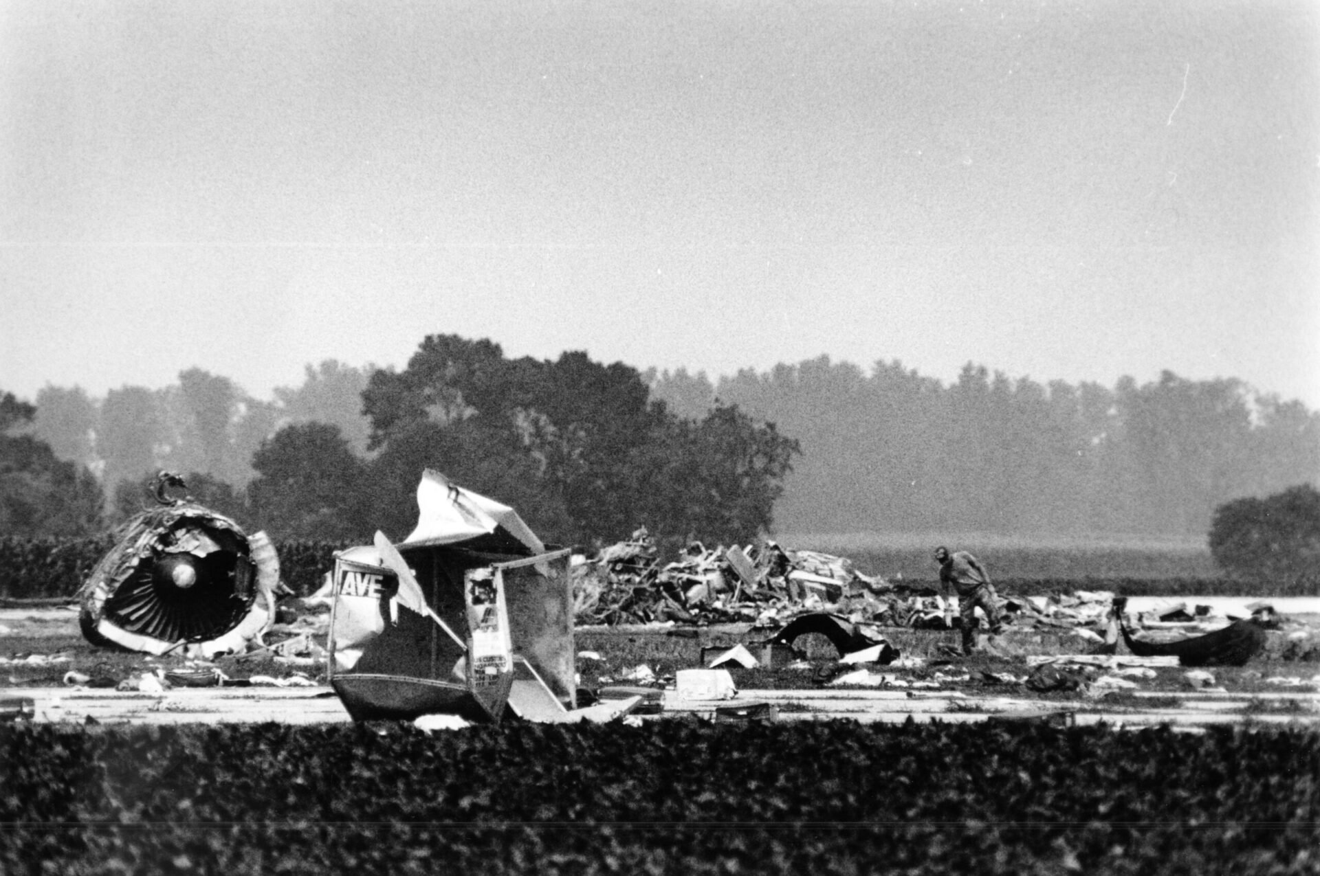United Airlines Flight 232 after the plane crashed at Sioux Gateway Airport in Sioux City, Iowa, on July 19, 1989.