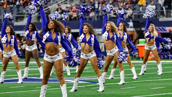 ARLINGTON, TX - JANUARY 05: The Dallas Cowboys Cheerleaders cheer during the game between the Dallas Cowboys and the Washington Commanders on January 5, 2025 at AT&T Stadium in Arlington, Texas. (Photo by Matthew Pearce/Icon Sportswire via Getty Images)