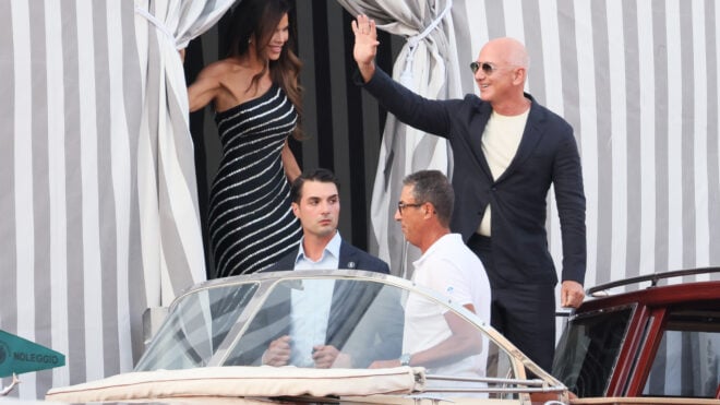 VENICE, ITALY - JUNE 25: Jeff Bezos And Lauren Sanchez are sighting ahead of Jeff Bezos and Lauren Sanchez Wedding on June 25, 2025 in Venice, Italy. (Photo by Ernesto Ruscio/GC Images)