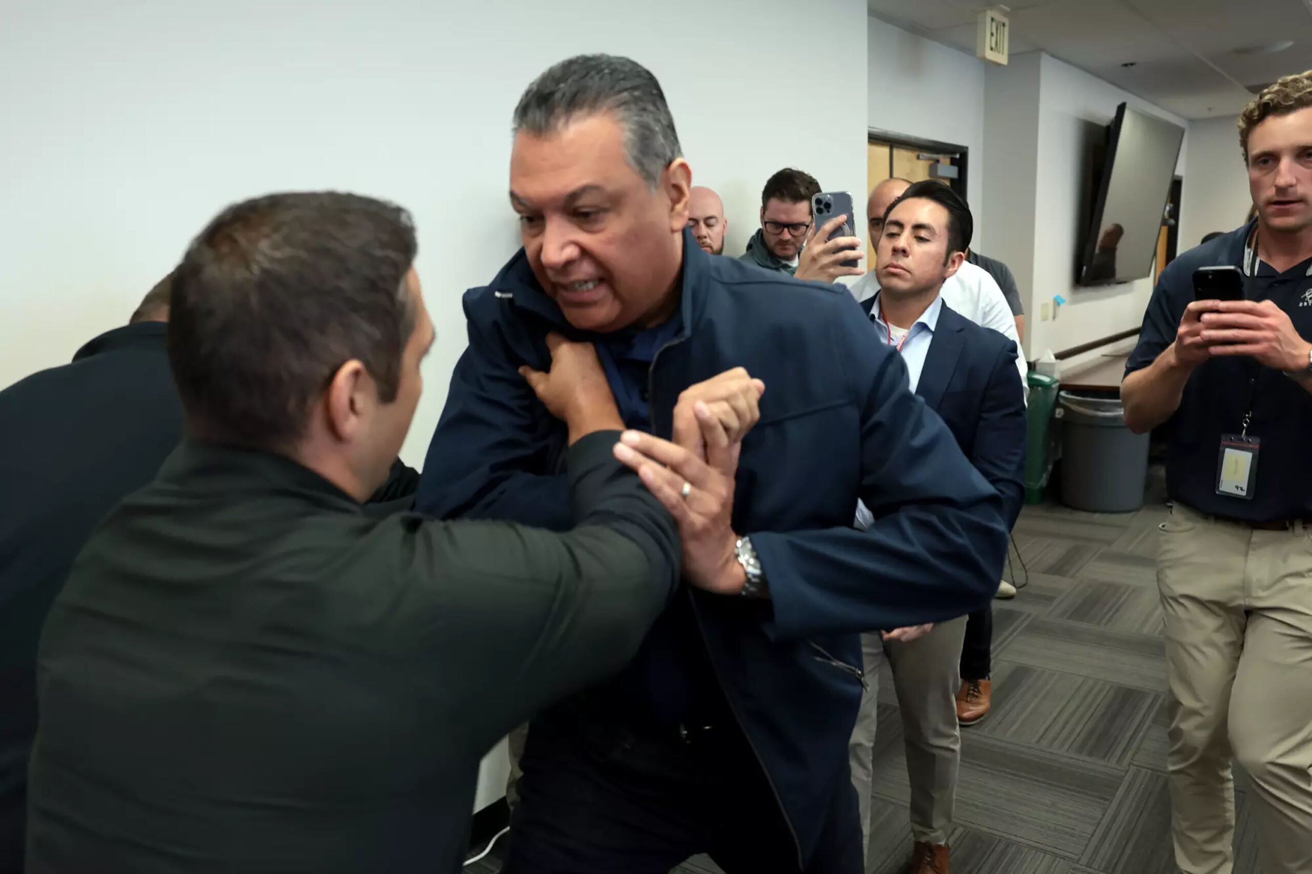 U.S. Sen. Alex Padilla, D-Calif., was forcibly removed from a news conference led by U.S. Department of Homeland Security Secretary Kristi Noem on Thursday, June 12, 2025, in Los Angles. (Luke Johnson/Los Angeles Times/TNS)