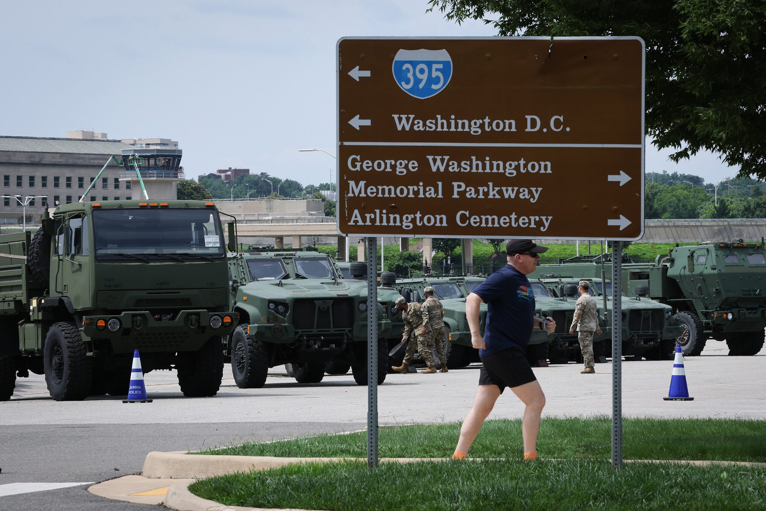 U.S. Army vehicles are staged outside the Pentagon ahead of the U.S. Army's 250th anniversary parade June 10, 2025, in Arlington, Virginia. Various armored vehicles are being transported to the nation's capital area by train and traveling the last leg of the journey to Washington, D.C., by truck ahead of the June 14th parade, which is also President Donald Trump's birthday. (Win McNamee/Getty Images/TNS)