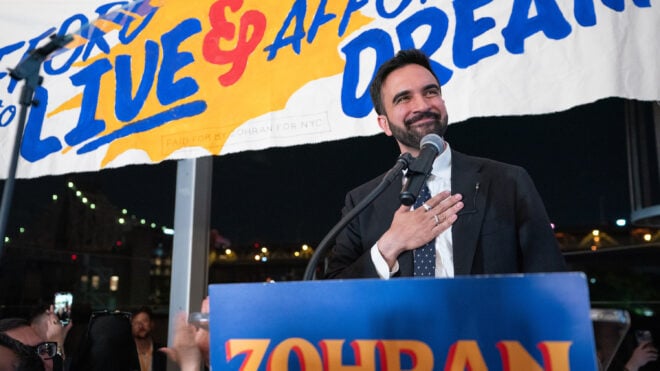 Zohran Mamdani speaks during his victory party in the Queens borough of New York City early Wednesday, June 25, 2025. (Barry Williams/New York Daily News/TNS)