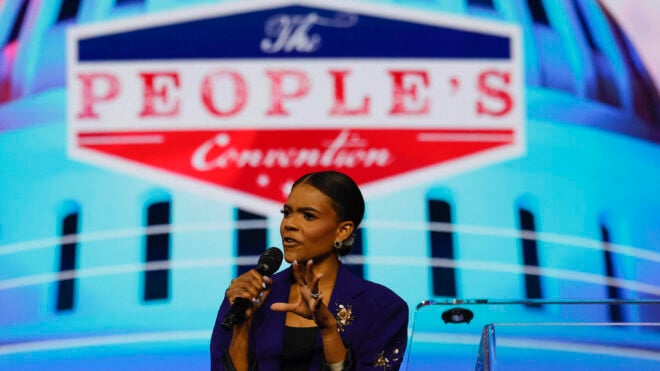 Candace Amber Owens Farmer, conservative political commentator, speaks on stage during "Turning Point's The Peoples Convention" on June 14, 2024, at Huntington Place in Detroit. (Jeff Kowalsky/AFP/Getty Images/TNS)