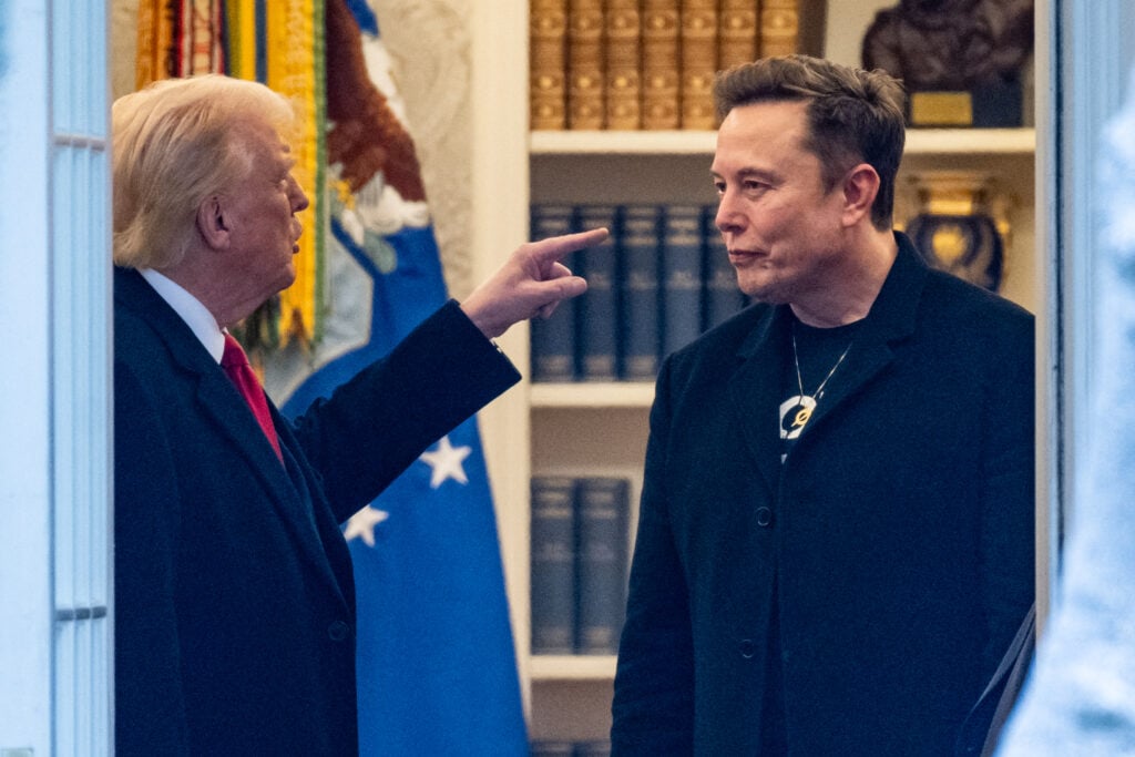 President Donald Trump and Elon Musk, right, speak in the Oval Office before departing the White House in Washington, D.C., on the way to Trump's residence at Mar-a-Lago in Palm Beach, Florida on March 14, 2025. Trump and Musk's unlikely political marriage exploded in a fiery public divorce on June 5, 2025. The President Trump said in a televised Oval Office diatribe that he was "very disappointed" after his former aide and top donor criticized his "big, beautiful" spending bill before Congress. (Roberto Schmidt/AFP/Getty Images/TNS)