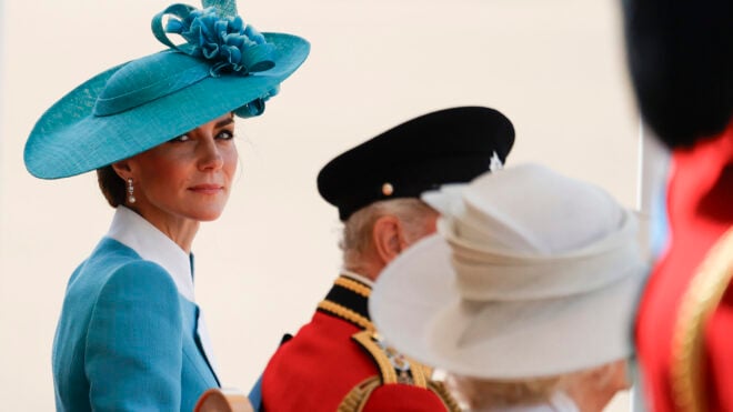 Kate Middleton, the Princess of Wales at Horse Guards Parade during Trooping The Colour 2025 on June 14, 2025, in London, England. Trooping The Colour is a ceremonial parade celebrating the official birthday of the British Monarch. The event features over 1,400 soldiers and officers, accompanied by 200 horses. More than 400 musicians from ten different bands and Corps of Drums march and while performing. (John Phillips/Getty Images/TNS)