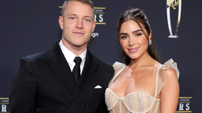 Christian McCaffrey, left, and Olivia Culpo attend the 12th annual NFL Honors at Symphony Hall on Feb. 9, 2023, in Phoenix. (Ethan Miller/Getty Images/TNS)