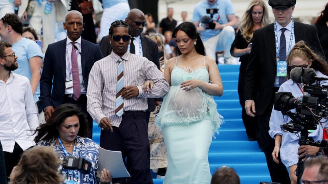 A$AP Rocky and Rihanna attend the "Smurfs" Global Premiere at Mont des Arts on May 28, 2025, in Brussels, Belgium. (Antoine Flament/Getty Images for Paramount Pictures/TNS)