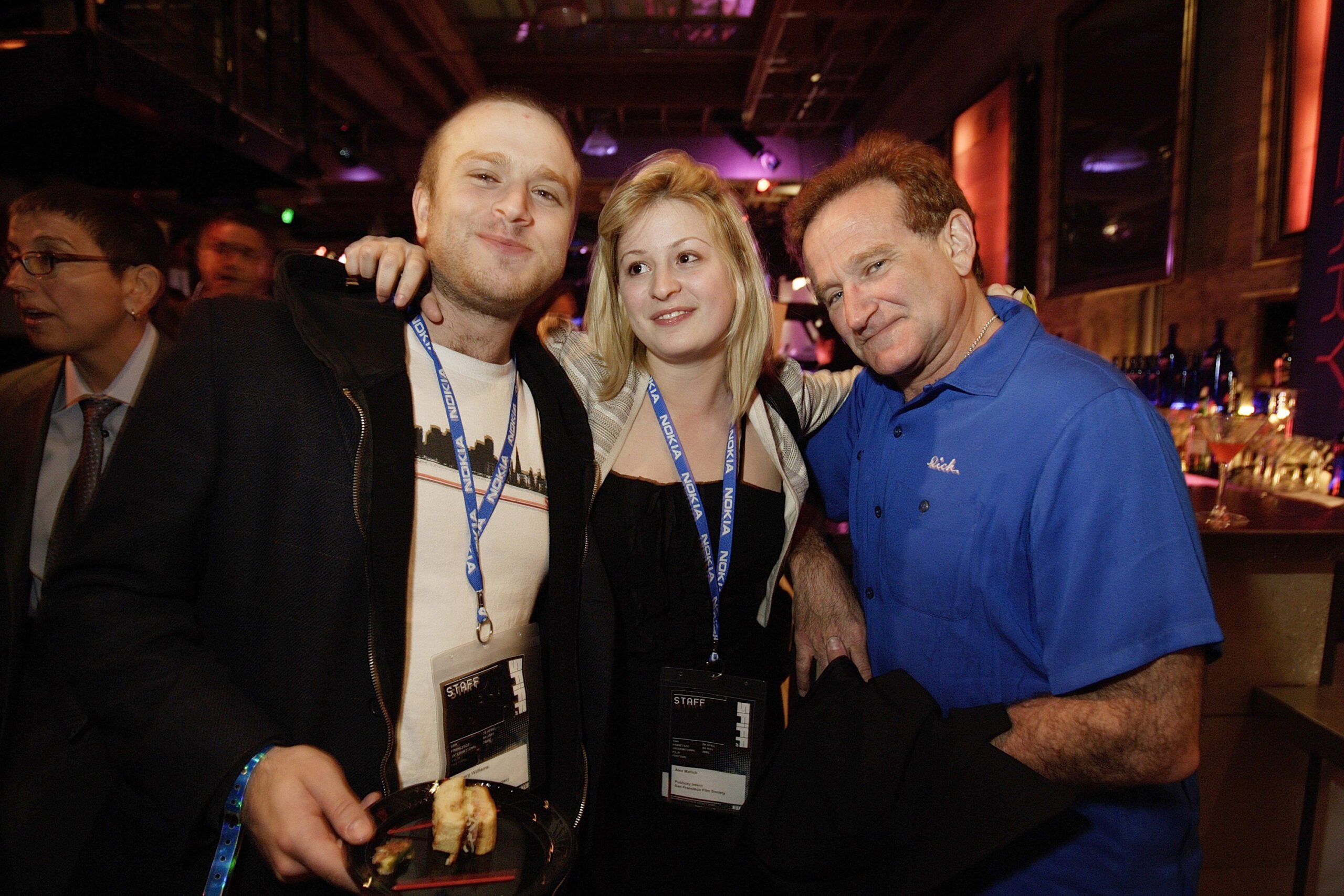 Left to right, Zach Williams, Alex Mallick and Robin Williams attend the after party for the closing night of the 49th San Francisco International Film Festival on May 4, 2006, in San Francisco.
