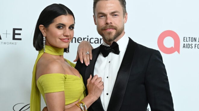 Derek Hough and Hayley Erbert at the 33rd Elton John AIDS Foundation Academy Awards Viewing Party on March 02, 2025 in West Hollywood, California. (Photo by Vince Flores/Variety via Getty Images)