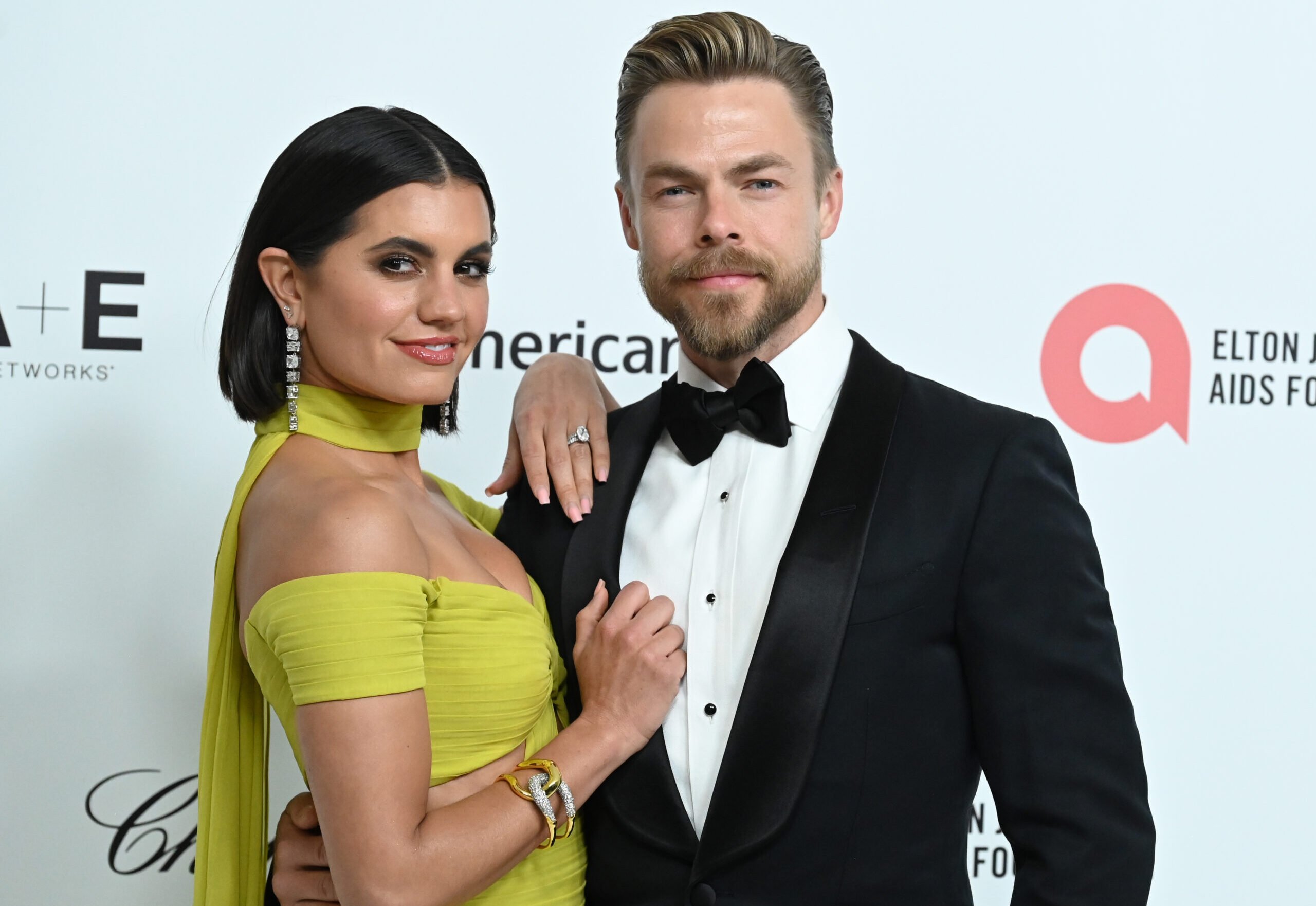 Derek Hough and Hayley Erbert at the 33rd Elton John AIDS Foundation Academy Awards Viewing Party on March 02, 2025 in West Hollywood, California. (Photo by Vince Flores/Variety via Getty Images)