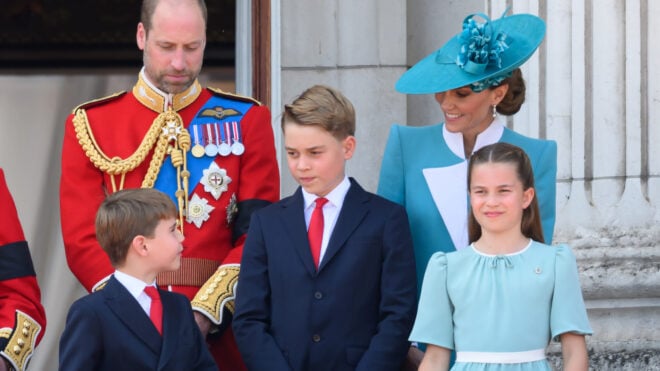 LONDON, ENGLAND - JUNE 14: Prince Louis of Wales, Prince William, Prince of Wales, Prince George of Wales, Catherine, Princess of Wales and Princess Charlotte of Wales on the balcony at Buckingham Palace during Trooping The Colour 2025 on June 14, 2025 in London, England. Trooping The Colour is a ceremonial parade celebrating the official birthday of the British Monarch. The event features over 1,400 soldiers and officers, accompanied by 200 horses. More than 400 musicians from ten different bands and Corps of Drums march and while performing. (Photo by Karwai Tang/WireImage)