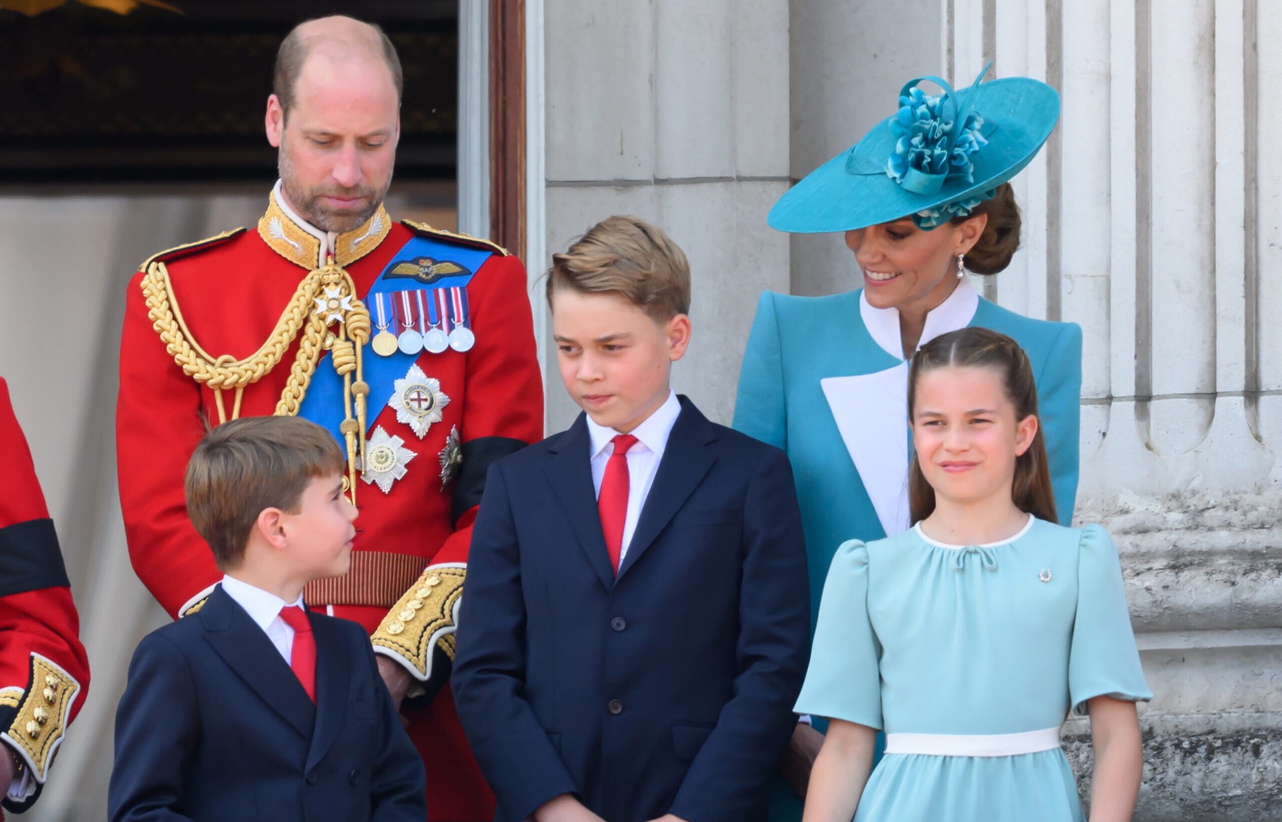 LONDON, ENGLAND - JUNE 14: Prince Louis of Wales, Prince William, Prince of Wales, Prince George of Wales, Catherine, Princess of Wales and Princess Charlotte of Wales on the balcony at Buckingham Palace during Trooping The Colour 2025 on June 14, 2025 in London, England. Trooping The Colour is a ceremonial parade celebrating the official birthday of the British Monarch. The event features over 1,400 soldiers and officers, accompanied by 200 horses. More than 400 musicians from ten different bands and Corps of Drums march and while performing. (Photo by Karwai Tang/WireImage)