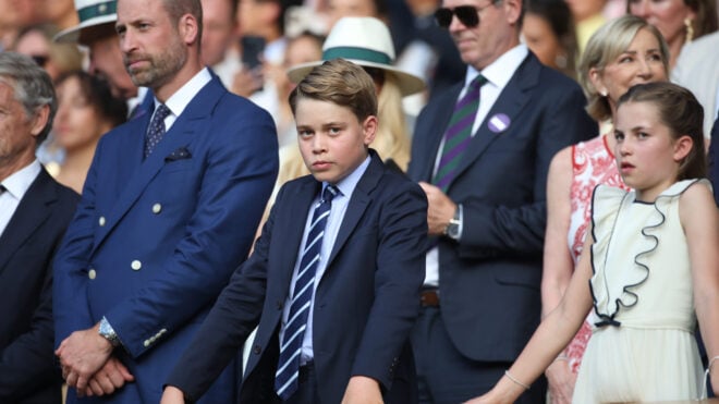 LONDON, ENGLAND - JULY 13: Prince William, Prince of Wales, Prince George of Wales and Princess Charlotte of Wales, watch the presentation ceremony of the Gentlemen's Singles Final on Centre Court during the Wimbledon Lawn Tennis Championships at the All England Lawn Tennis and Croquet Club at Wimbledon on July 13th, 2025, in London, England. (Photo by Tim Clayton/Getty Images)
