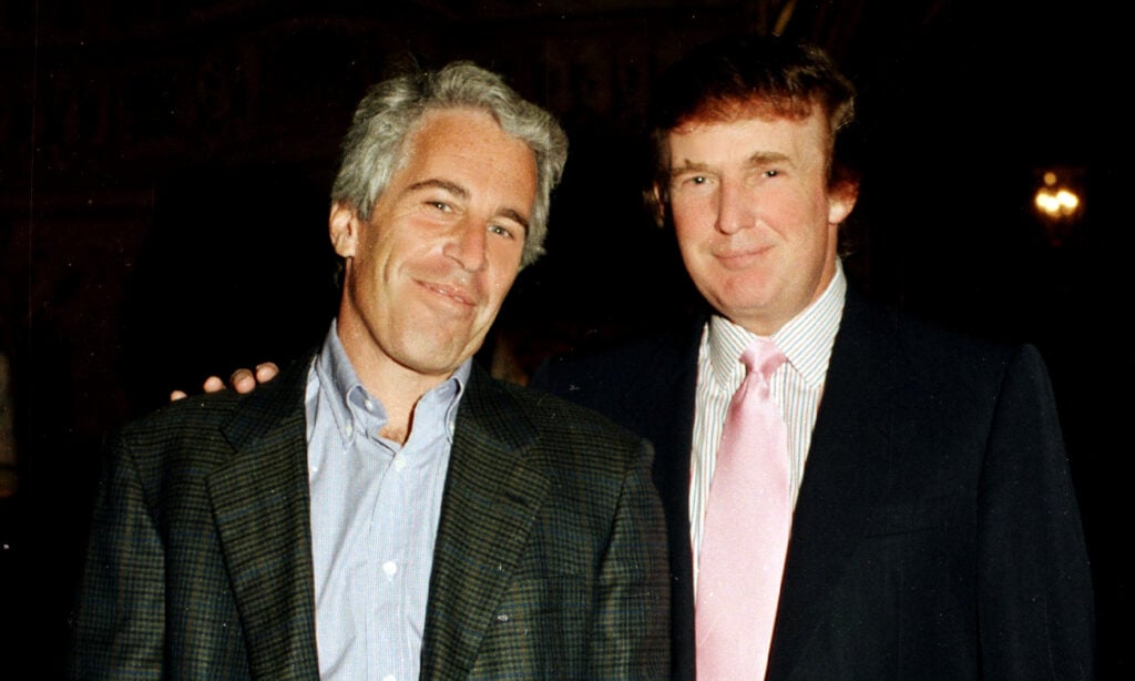 Portrait of American financier Jeffrey Epstein (left) and real estate developer Donald Trump as they pose together at the Mar-a-Lago estate, Palm Beach, Florida, 1997.