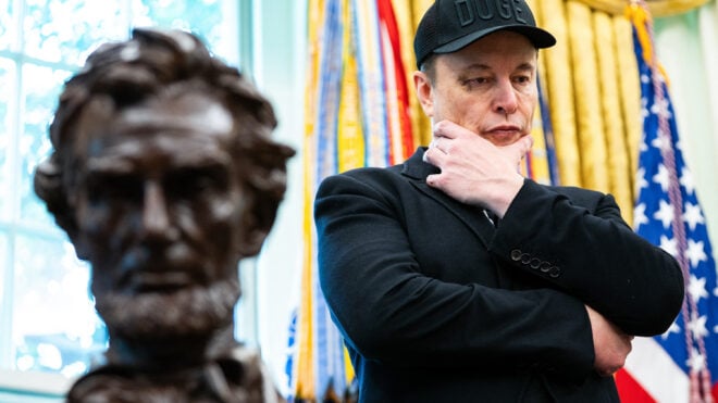 Elon Musk looks on during a news conference with President Donald Trump in the Oval Office of the White House in Washington, D.C., on May 30, 2025. (Allison Robbert/AFP/Getty Images/TNS)