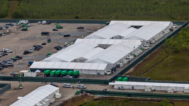 Aerial view of structures, including gigantic tents built at the recently opened migrant detention center, Alligator Alcatraz