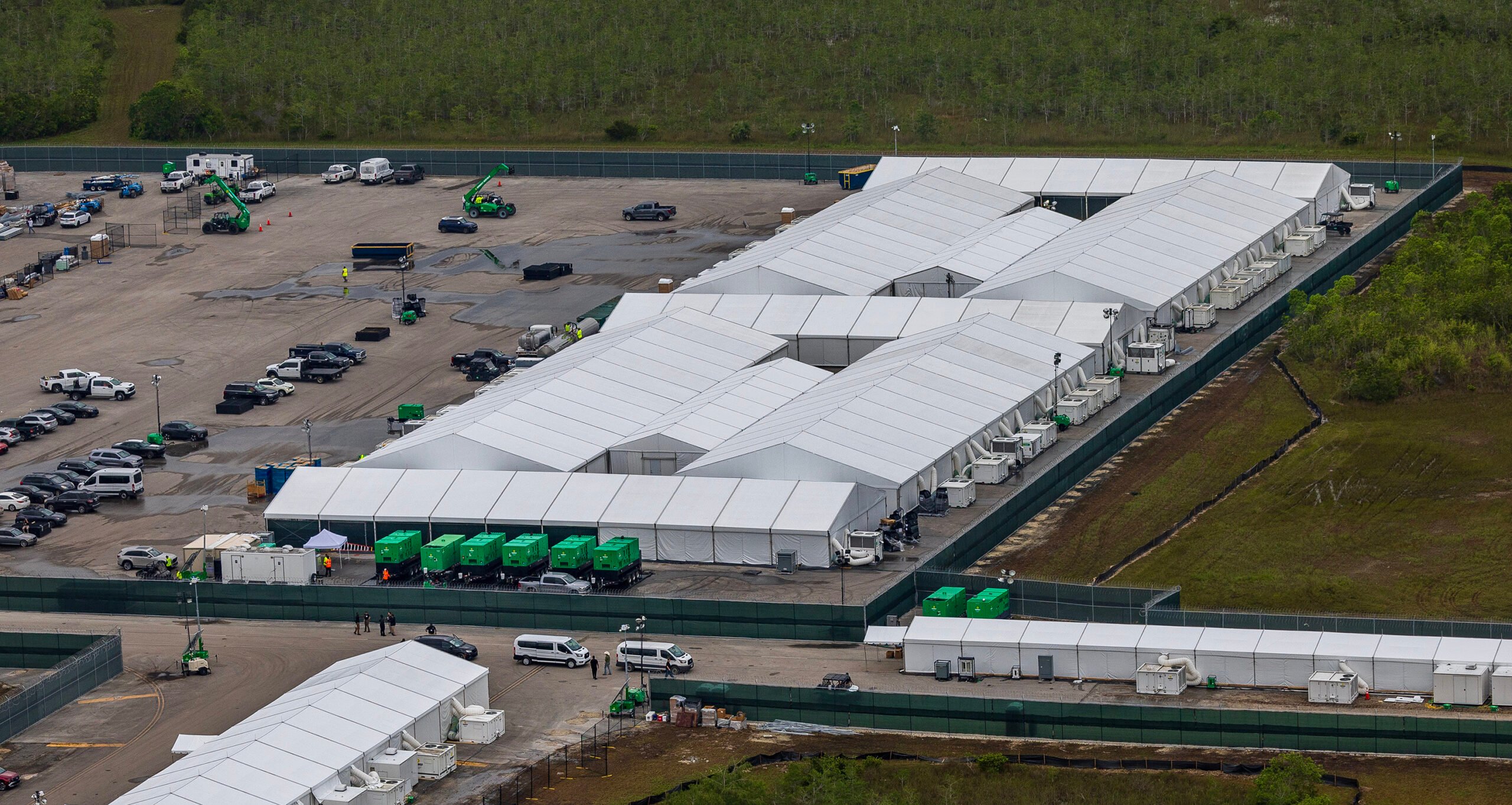 Aerial view of structures, including gigantic tents built at the recently opened migrant detention center, Alligator Alcatraz