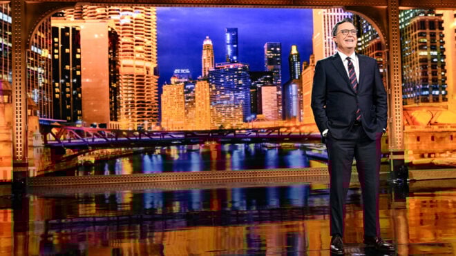 Stephen Colbert opens the Aug. 19, 2024, episode of “The Late Show With Stephen Colbert,” which is broadcasting live from the Auditorium Theatre in Chicago during the Democratic National Convention. (Scott Kowalchyk/CBS/TNS)