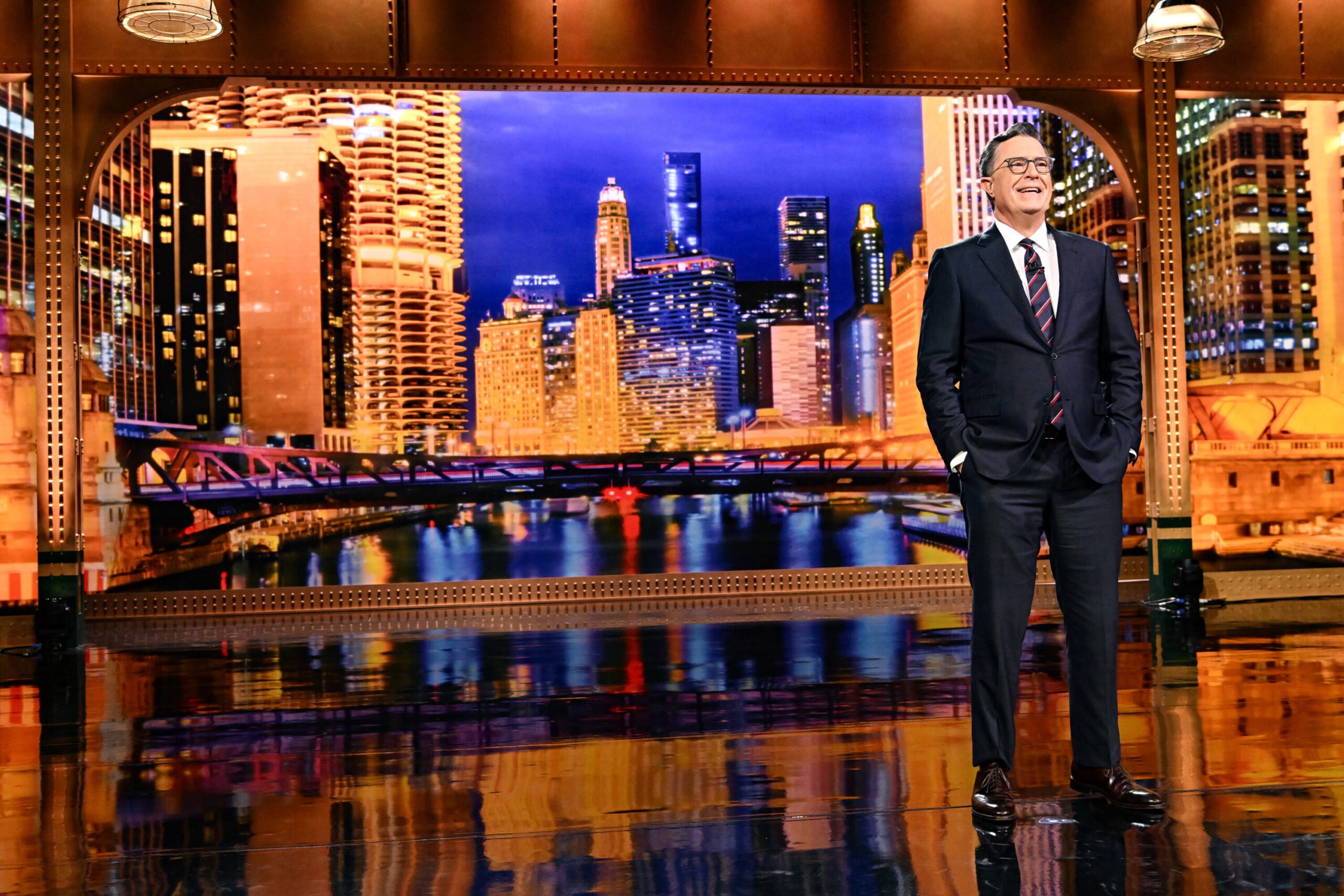 Stephen Colbert opens the Aug. 19, 2024, episode of “The Late Show With Stephen Colbert,” which is broadcasting live from the Auditorium Theatre in Chicago during the Democratic National Convention. (Scott Kowalchyk/CBS/TNS)