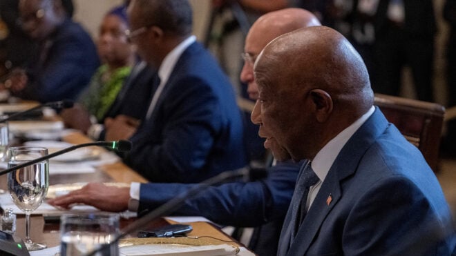 Liberian President Joseph Boakai (right) speaks during a multilateral lunch with U.S. President Donald Trump and visiting African Leaders in the State Dining Room of the White House in Washington, D.C., on Wednesday, July 9, 2025. Trump is hosting five leaders from West Africa Wednesday for a White House summit aimed at fostering trade to counter the growing regional influence of Russia and China. (Jim Watson/AFP/Getty Images/TNS)