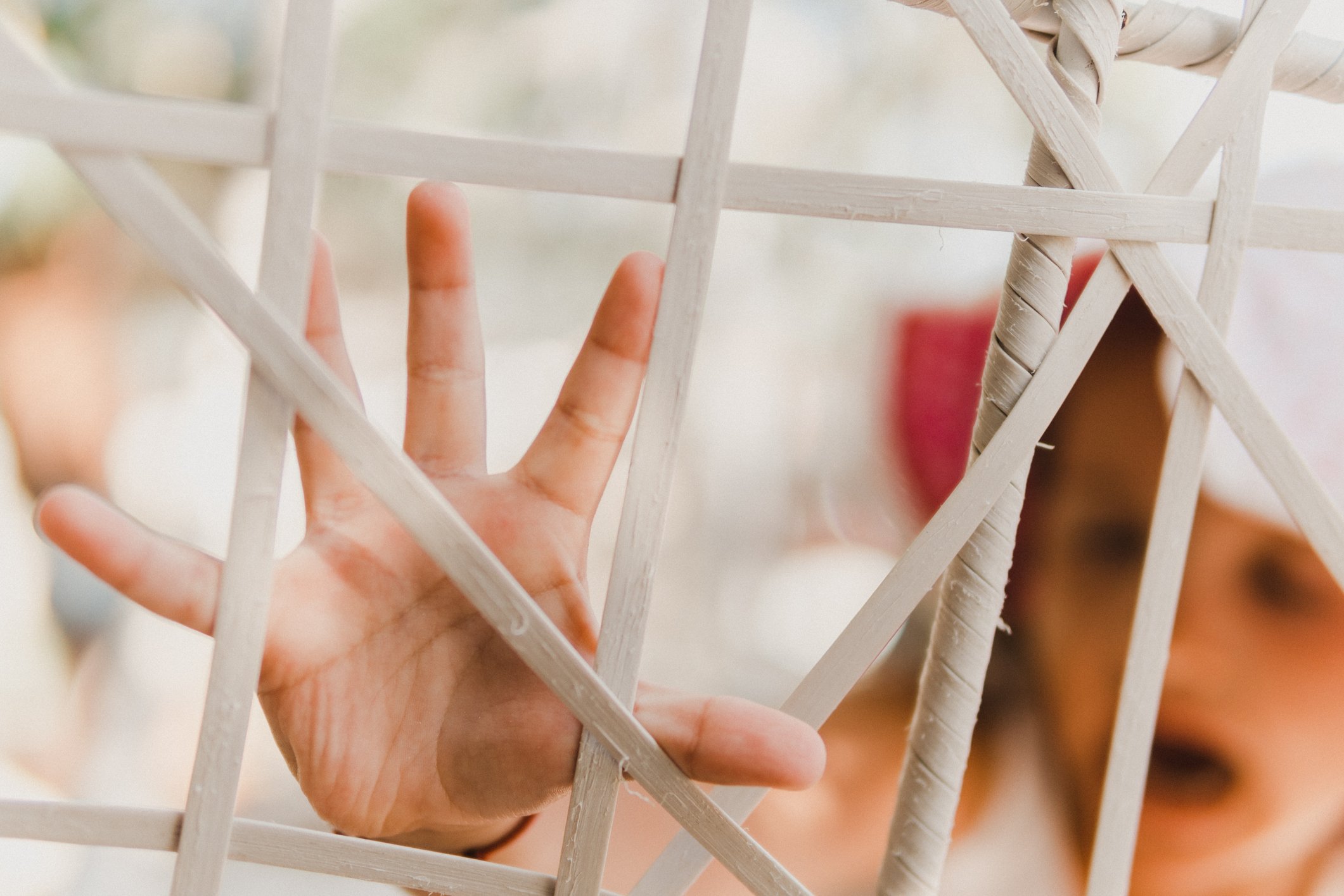 child hand through cage