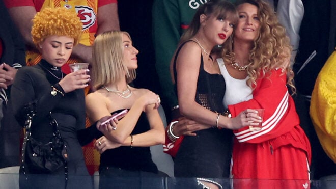 Rapper Ice Spice, singer Taylor Swift and actress Blake Lively prior to Super Bowl LVIII between the San Francisco 49ers and Kansas City Chiefs at Allegiant Stadium on Feb.11, 2024, in Las Vegas.
