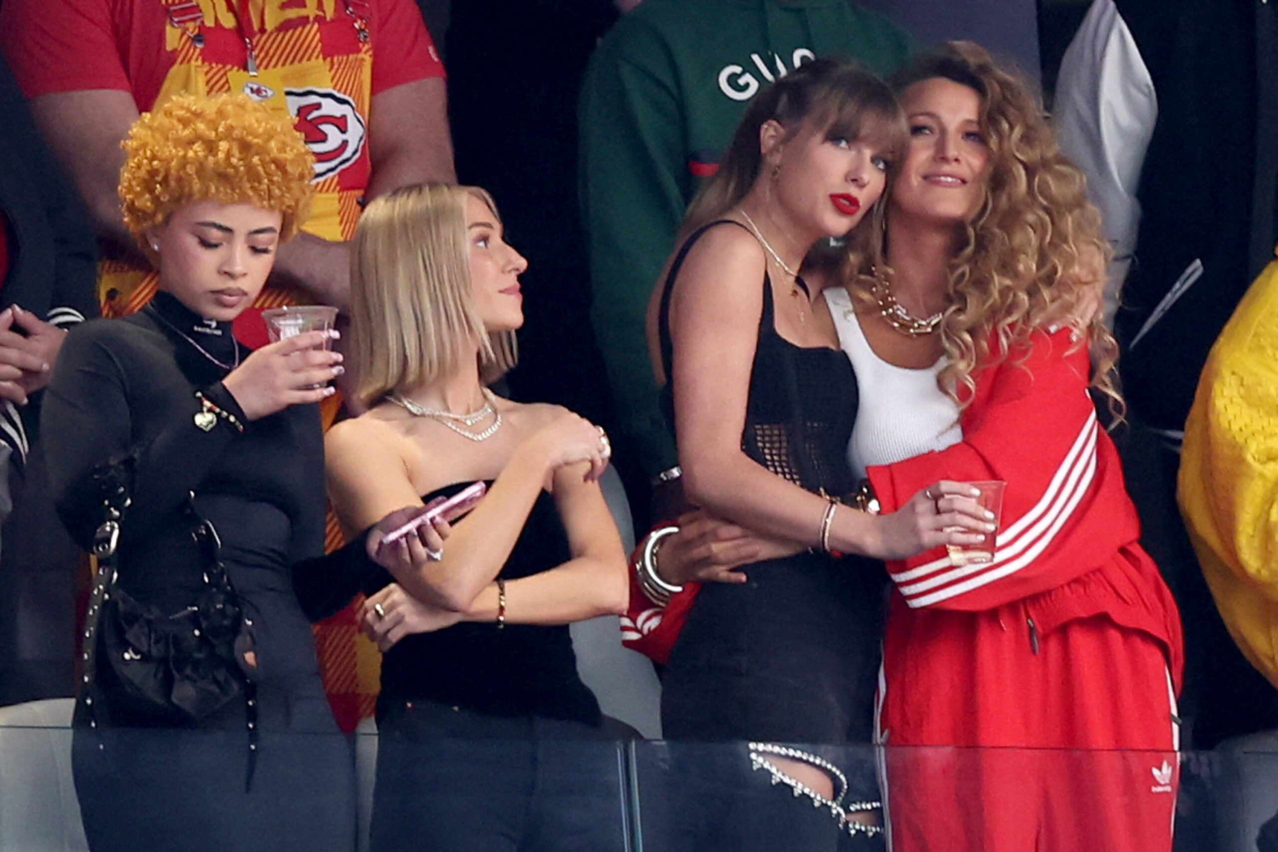 Rapper Ice Spice, singer Taylor Swift and actress Blake Lively prior to Super Bowl LVIII between the San Francisco 49ers and Kansas City Chiefs at Allegiant Stadium on Feb.11, 2024, in Las Vegas.