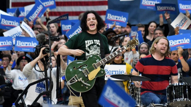 Jack White performs at the Rashida Tlaib and Bernie Sanders rally at Cass Tech High School in Detroit on Oct. 27, 2019.