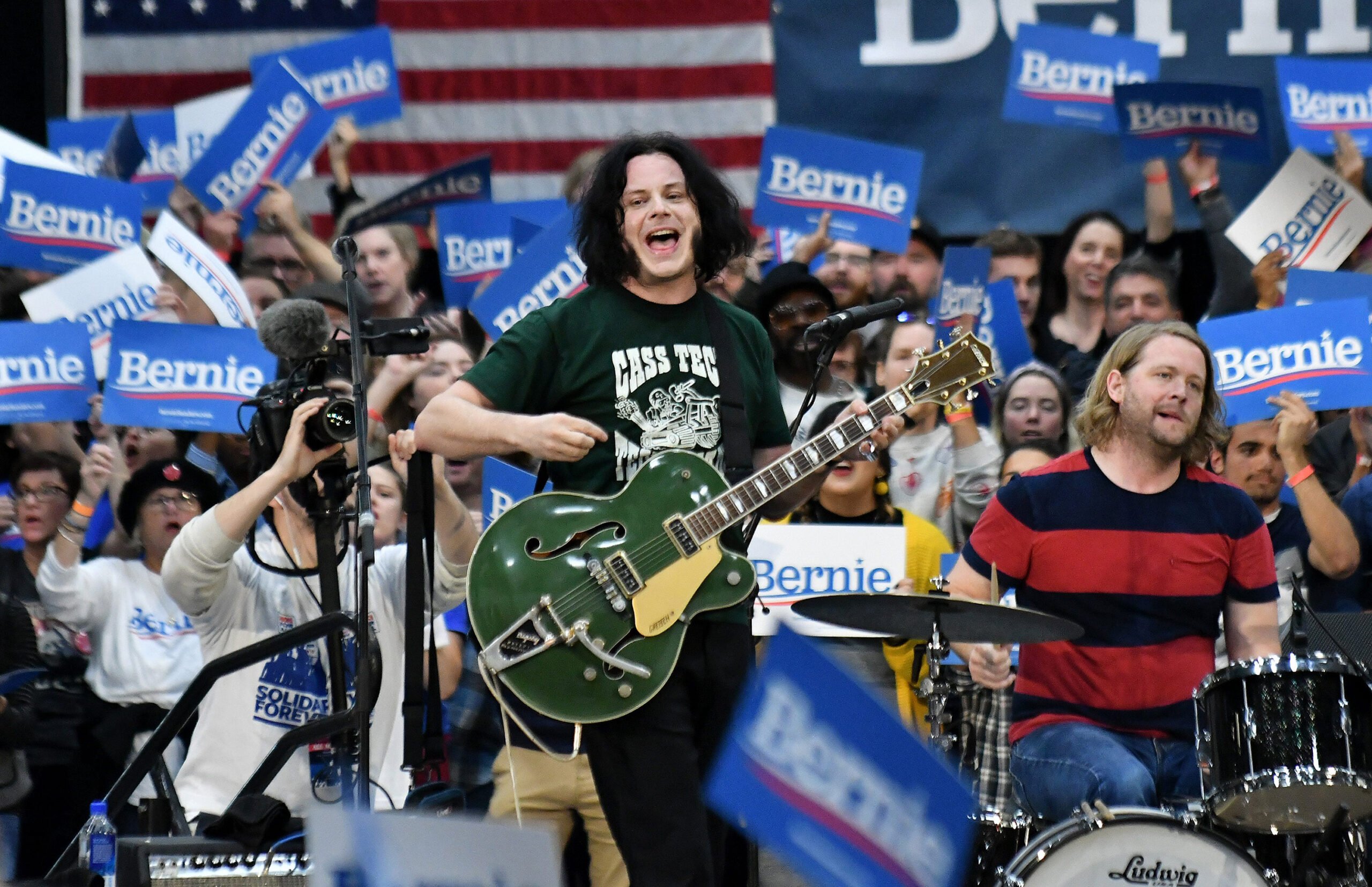 Jack White performs at the Rashida Tlaib and Bernie Sanders rally at Cass Tech High School in Detroit on Oct. 27, 2019.