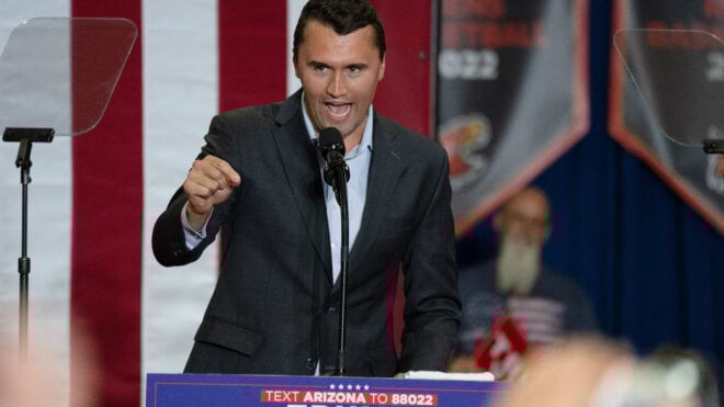 Charlie Kirk, Founder and President of Turning Point USA, addresses the crowd at a rally with US Senator and Republican vice presidential candidate J.D. Vance during a campaign rally at Arizona Christian University Event Center in Glendale, Arizona, on July 31, 2024.