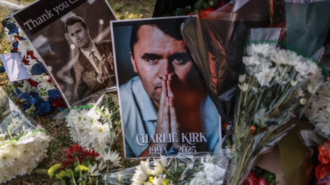 A general view of a wreath laid by mourners outside the US Embassy in Pretoria on Sept. 11, 2025, following the fatal shooting of US youth activist and influencer Charlie Kirk while speaking during an event at Utah Valley University in Orem, Utah.